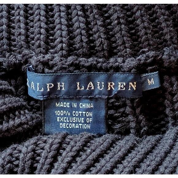 Ralph Lauren Womens Sweater Small Black Cable Knit Turtleneck Leather Buttons - Picture 9 of 10